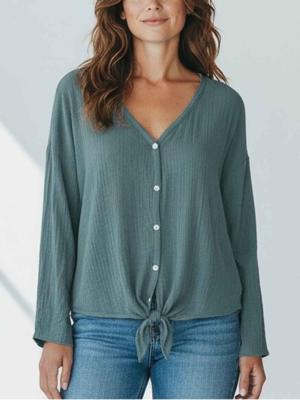 Dip Womens Pull Over Sweater Blouse Tie Front. Size Large. Green Aqua. V…